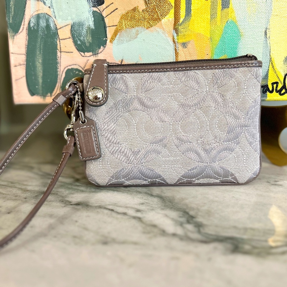 Coach Signature Gray Optic C Quilted Wristlet with Leather Trim